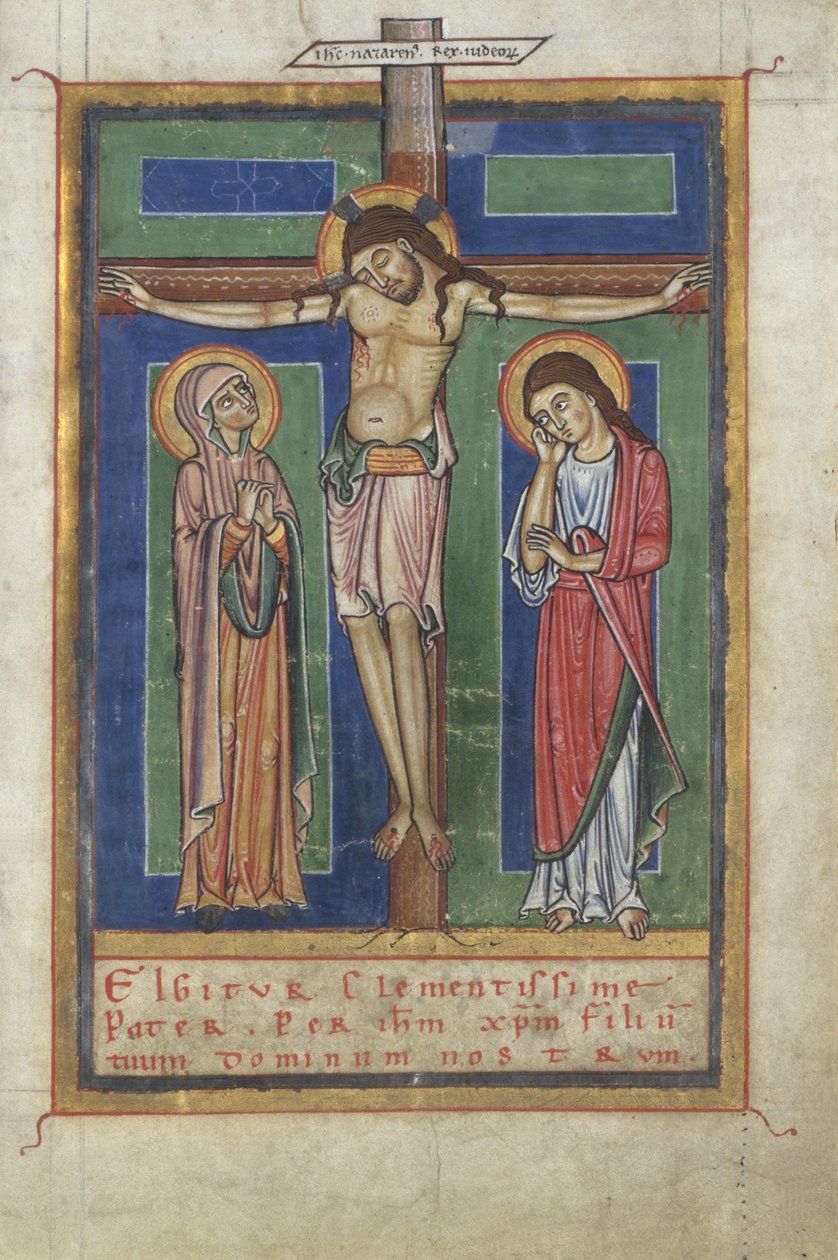 Kánon Stránka ze sakramentáře s Ukřižováním, asi 1150-1160 (tempera a plátkové zlato na pergamenu) od German School