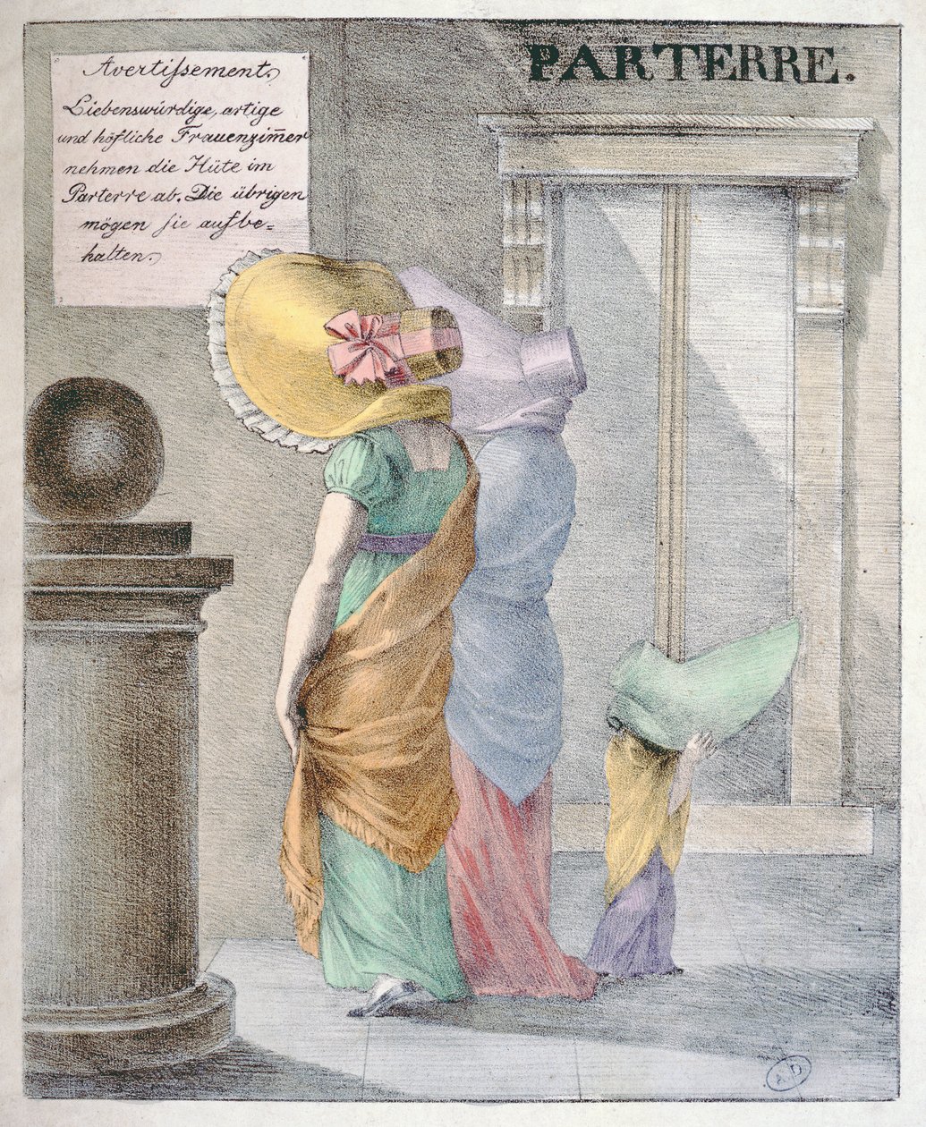 Kreslený film zesměšňující módu pro dámy nosit obrovské klobouky, kolem roku 1820 od German School