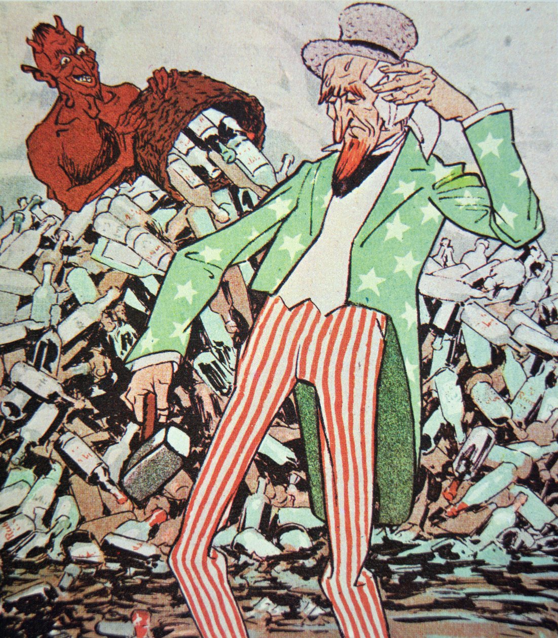 Kreslený film zobrazující strýčka Sama vyčerpaného tokem pašeráctví produkovaného ďáblem během éry prohibice (1920-33) (barevné lito) od German School