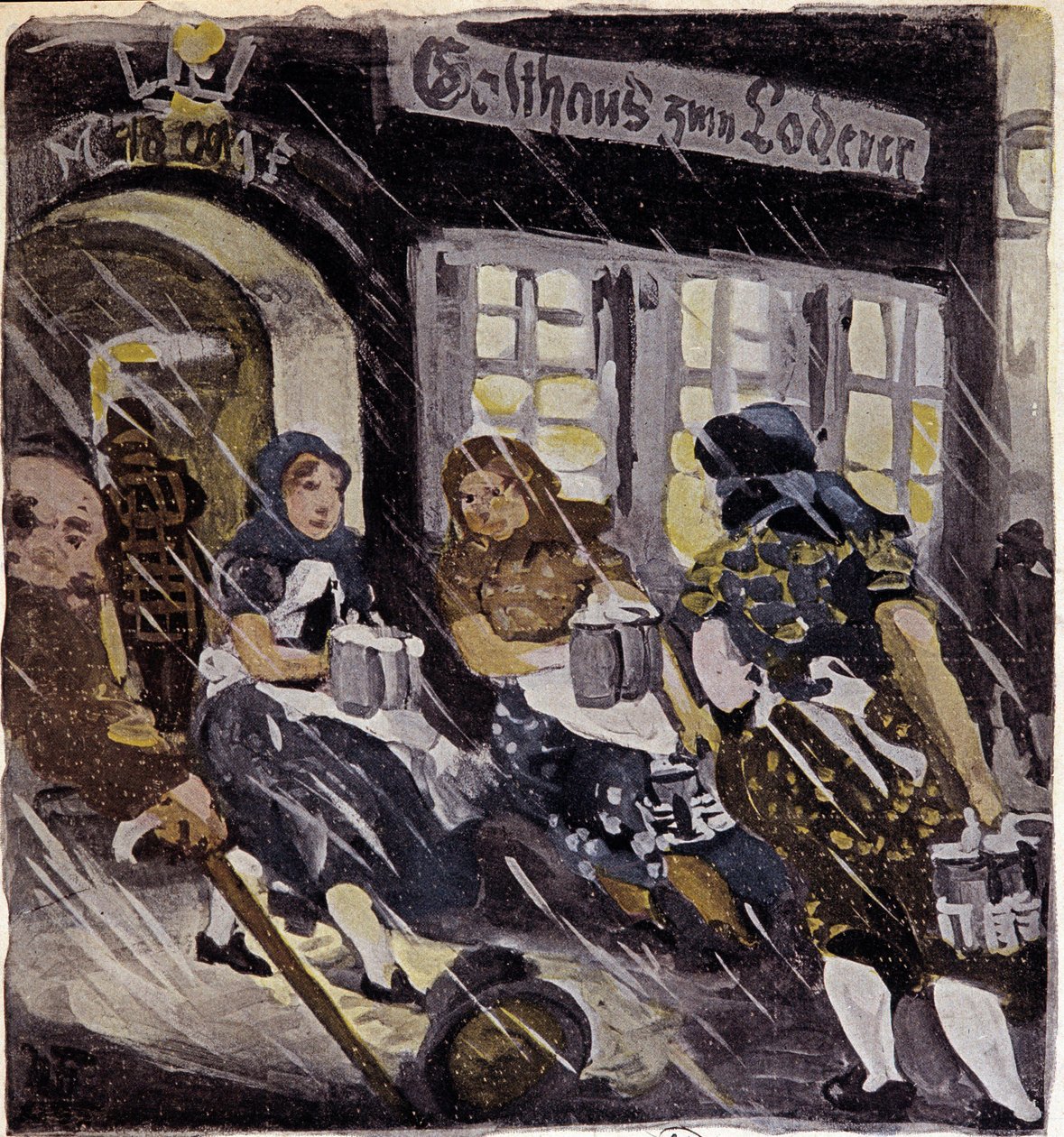 Postavy na terase pivovaru Max Feldbauer pod sněhem, Mnichov (Mnichov), Německo. Rytina z roku 1905. Paříž, dekorativní umění od German School