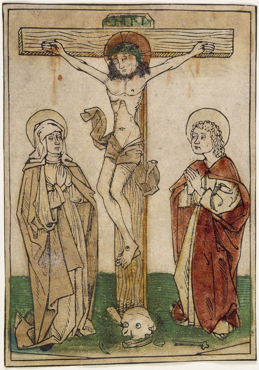 Kristus na kříži s Marií a svatým Janem, kolem 1470-80 (ručně kolorovaný dřevoryt na pergamenu) od German School