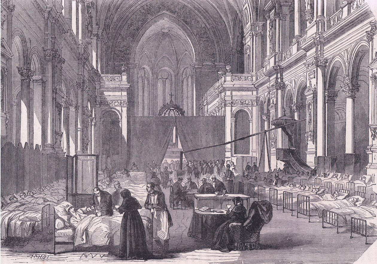 Kostel v Paříži přeměněn na nemocnici, Cassells Historie války mezi Francií a Německem vydaná Cassell and Company Limited, kolem roku 1890 (litho) od German School