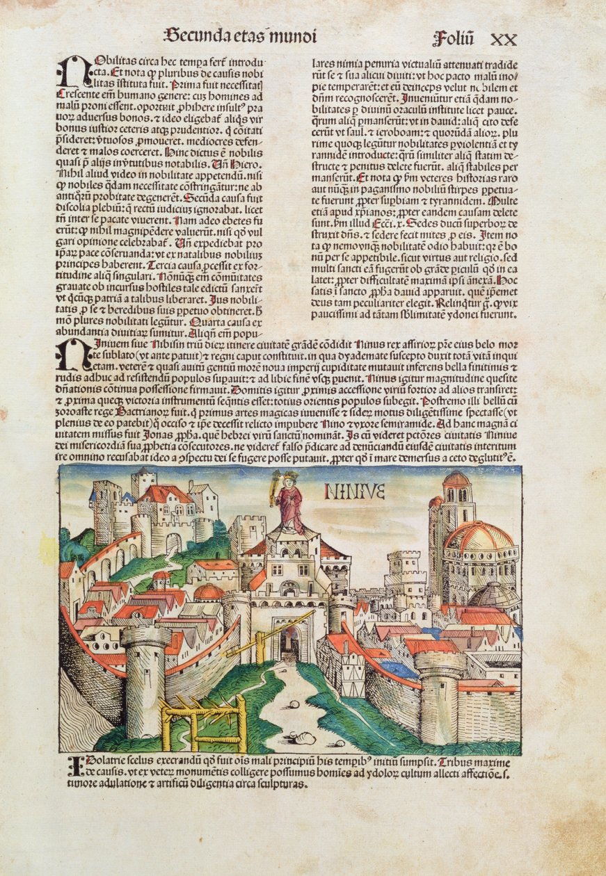 Město Ninive, z „Liber Chronicarum“ od Hartmanna Schedela (1440-1514) 1493 (barevný dřevoryt) od German School
