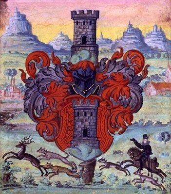 Erb v rámci lovecké scény, cca 1640 (kvaš na pergamenu) od German School