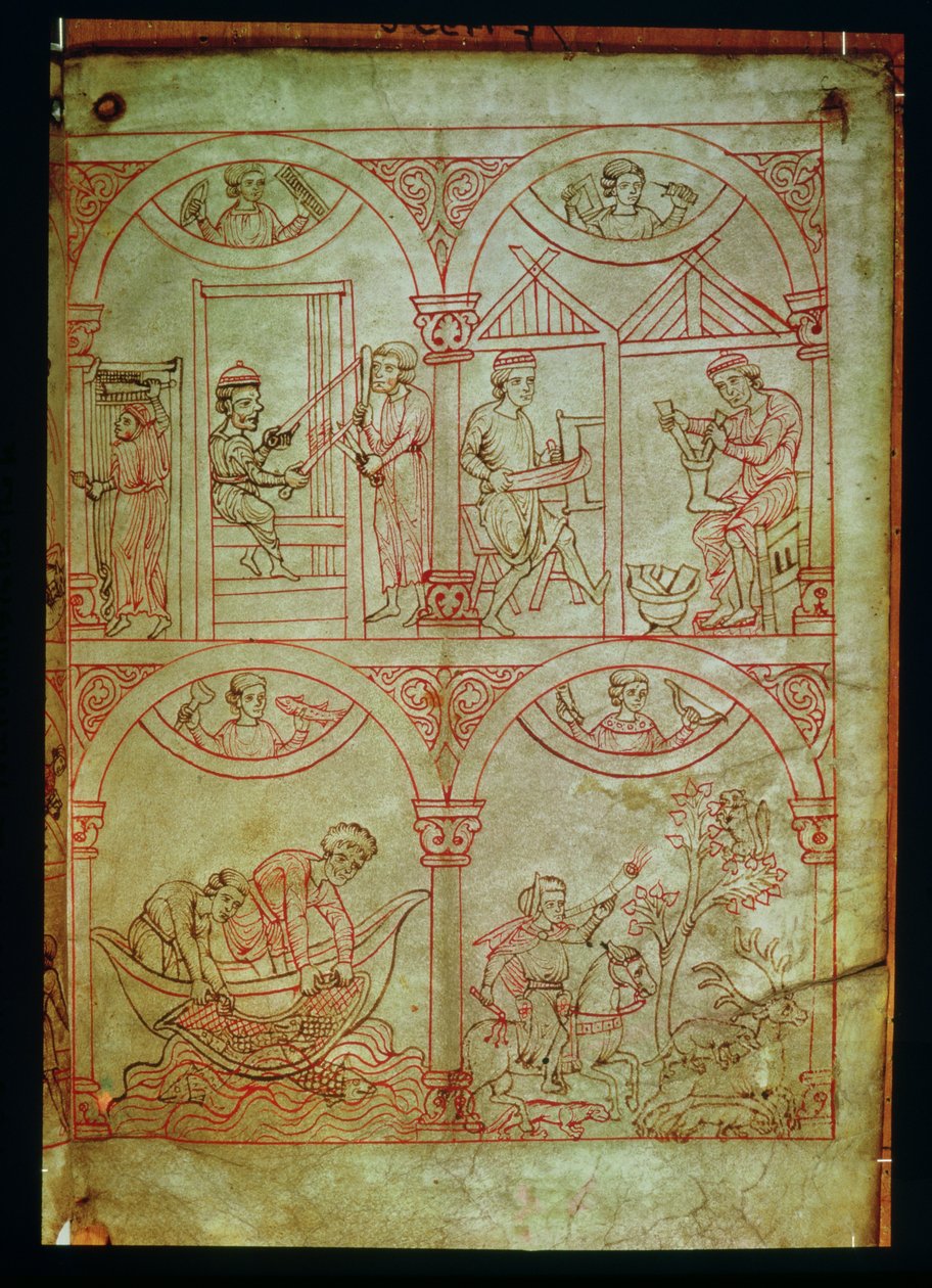Codex 507 fol.2r Tkadlec, obuvník, rybář a myslivec, od Renner Musterbuch, c.1208-18 od German School