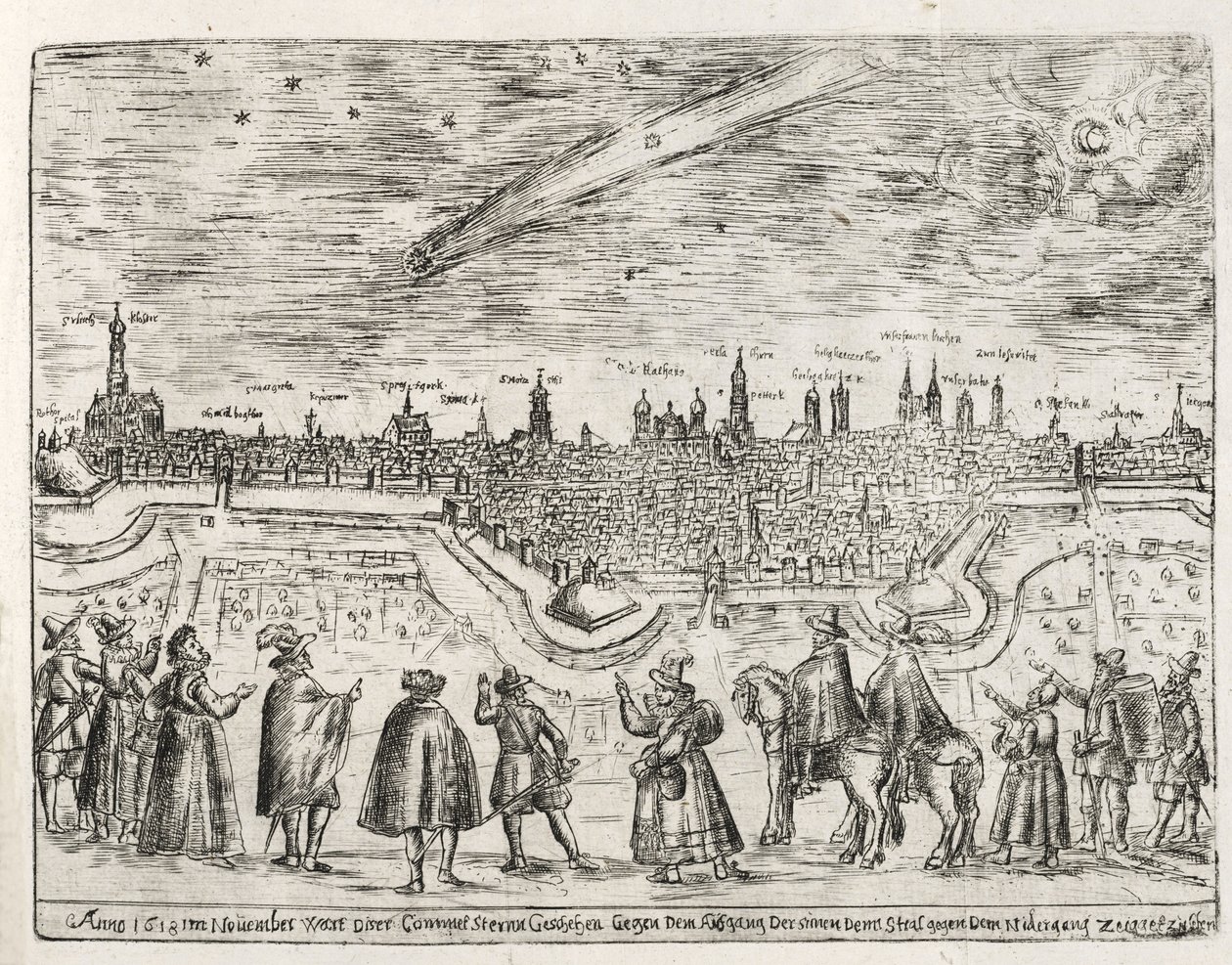 Kometa viděná nad Augsburgem koncem listopadu 1618, z Cometen Historia, hospoda. 1618 od German School