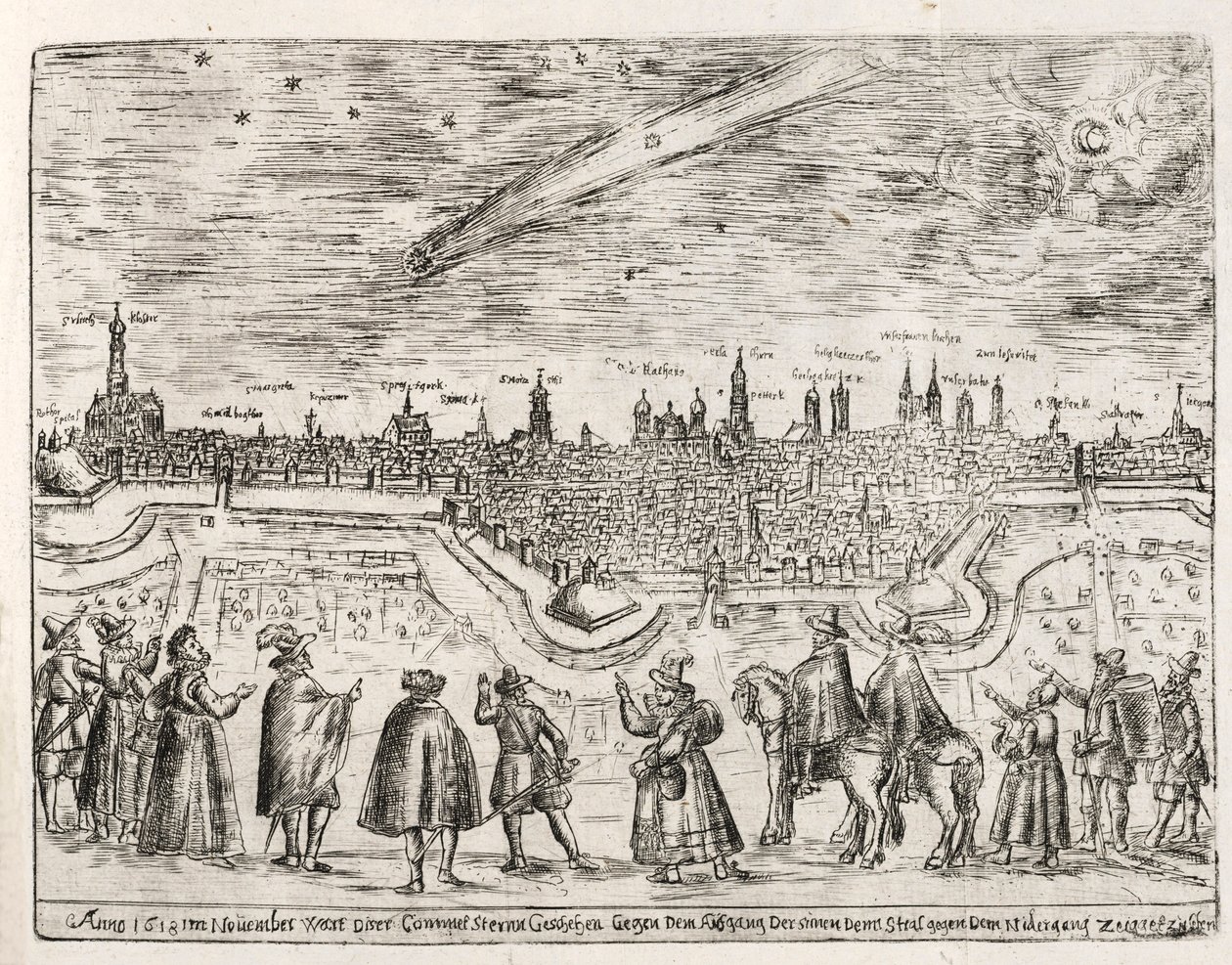 Kometa spatřena nad Augsburgem koncem listopadu 1618, hospoda. 1618. od German School