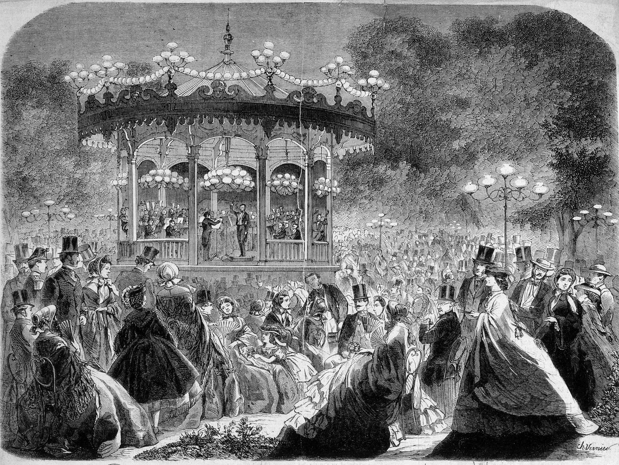 Koncert v hudebním kiosku Champs-Elysées, německá rytina v. 1861. od German School