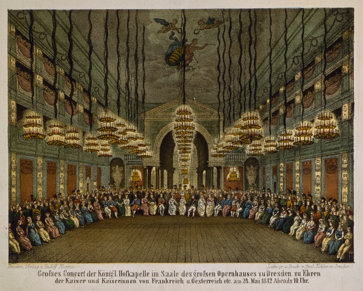 Koncert královské kapely v hledišti drážďanské opery na počest císařského páru, 1812 (barevné lito) od German School