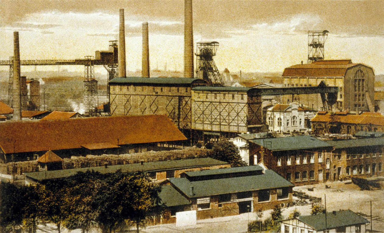Uhelný důl Concordia, Oberhausen, Německo (barevné rytí) od German School