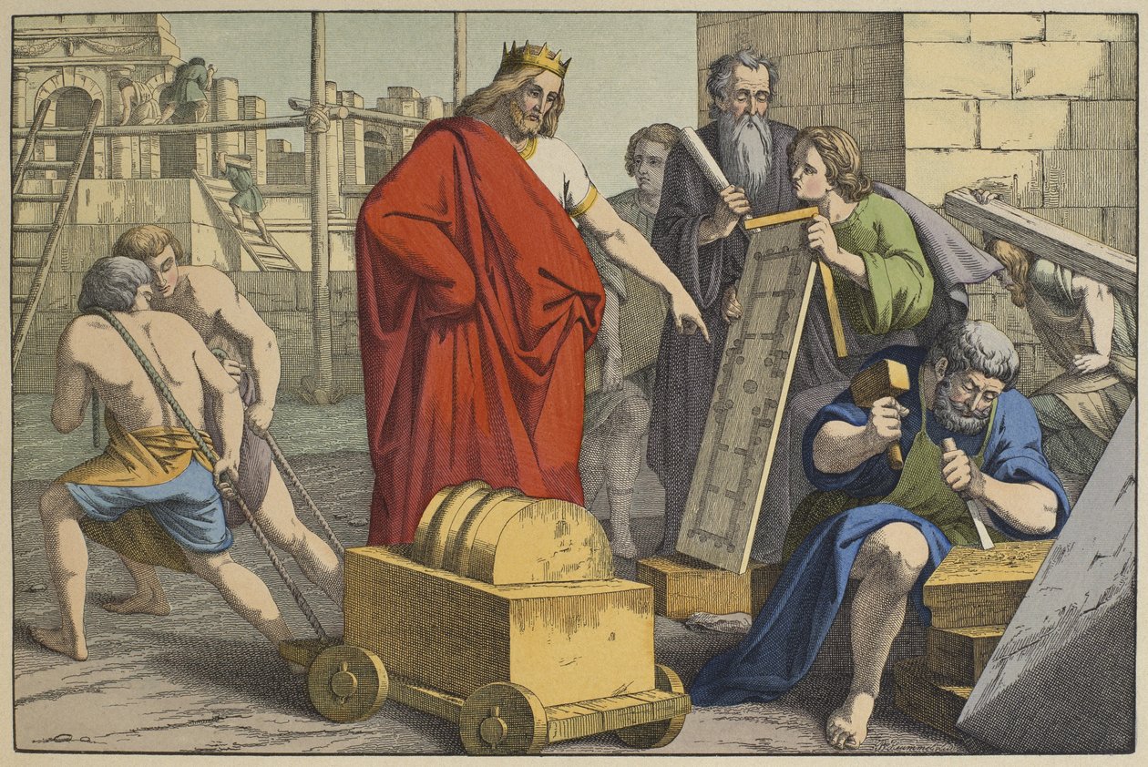 Stavba jeruzalémského chrámu, ilustrace z LAncien Testament, vydal Jakob Ferdinand Schreiber, Esslingen (barevná rytina) od German School