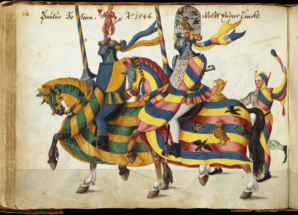Soutěžící vybaveni pro turnaj, cca 1640 (pero a inkoust, akvarel a barvy) od German School