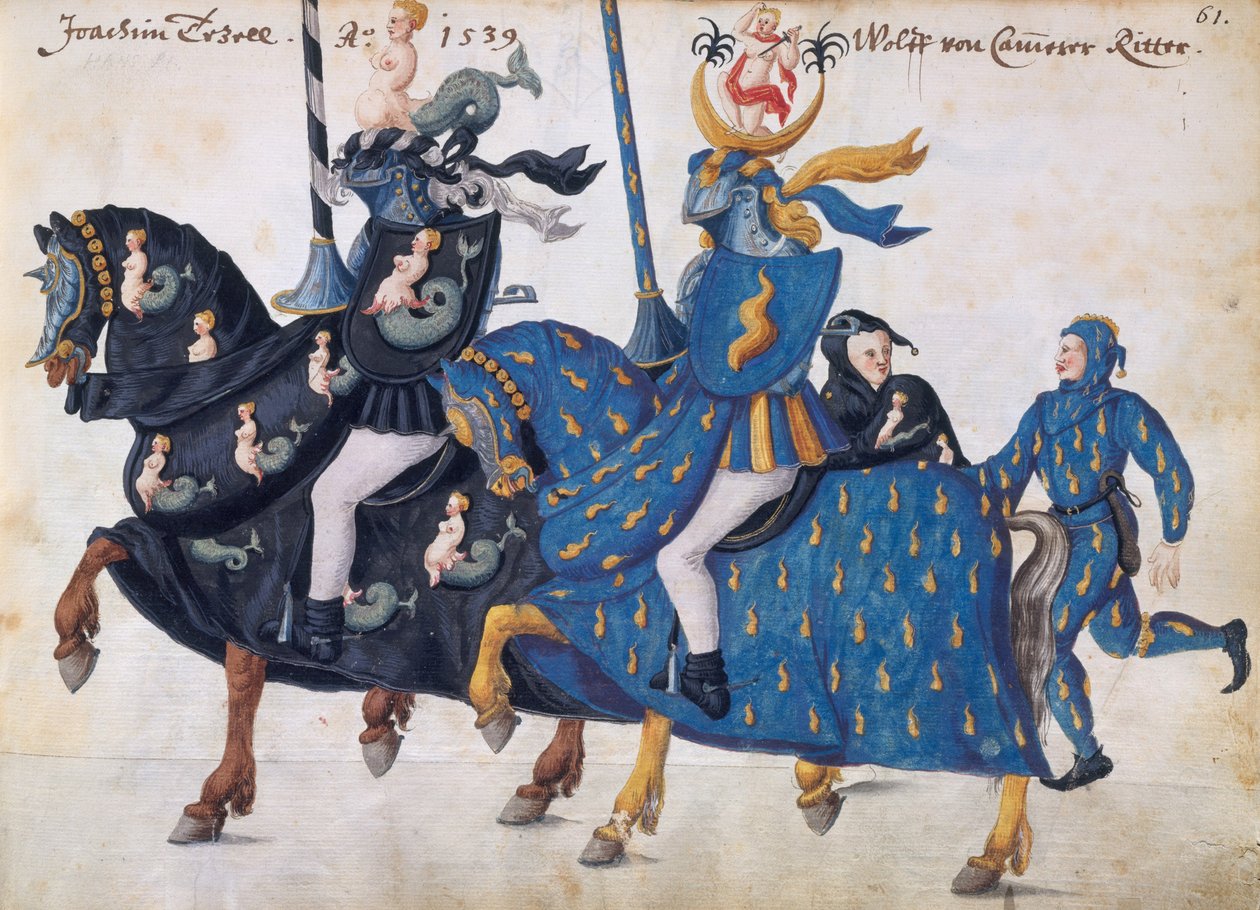 Soutěžící vybaveni pro turnaj, cca 1640 (pero a inkoust, akvarel a barvy) od German School