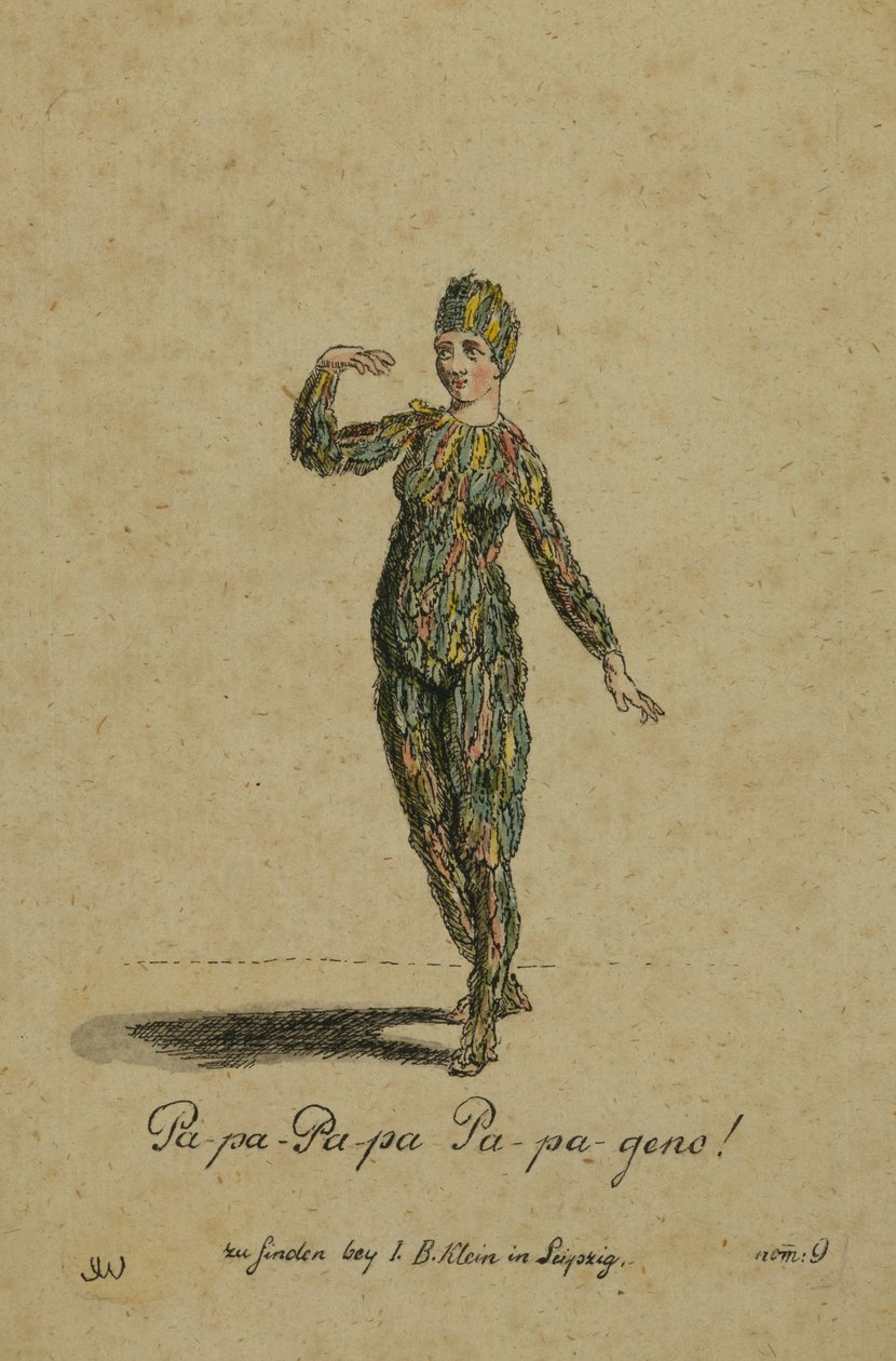 Kostýmní návrh pro roli Papagena v opeře Kouzelná flétna Wolfganga Amadea Mozarta, vydal I. B. Klein v Lipsku, 1793 (barevná rytina) od German School