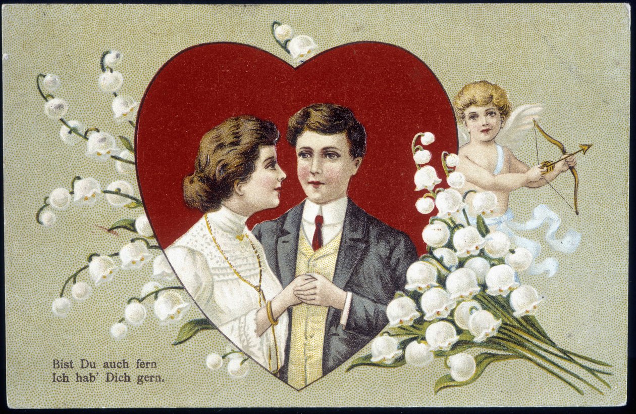 Pár milenců v srdci obklopeném konvalinkou a Cupidem (Eros) - německá pohlednice, 20. století od German School