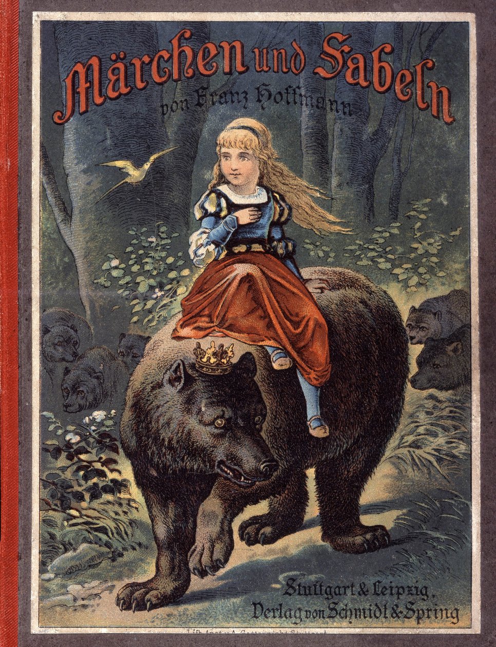 Obálka pohádek Franze Hoffmanna „“ Pohádky a bajky: Von Prinzessin sternr¿schenw““: Dívka na medvědovi. Chromolitografie 19. století. od German School