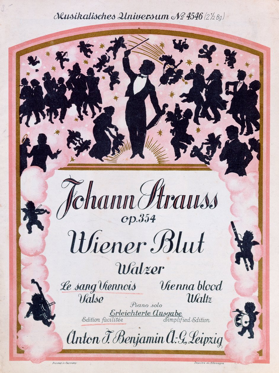 Obálka partitury slavného valčíku Wiener Blut op.354 od Johanna Strausse II., (1825-99), 1930 od German School