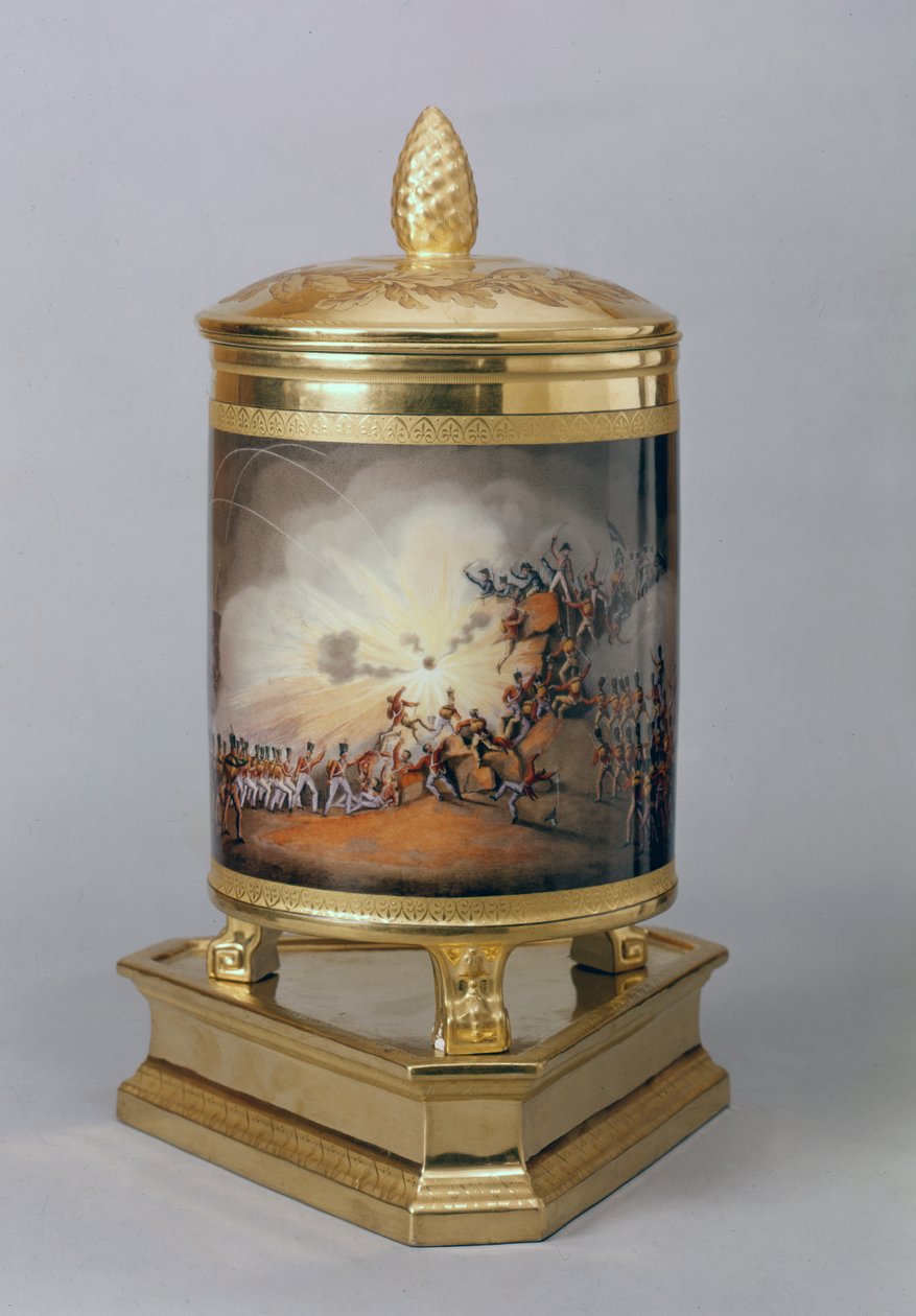 Přikrytý hrnec zobrazující Bouřku Ciudad Rodrigo, z Pruské večeře, Berlín, 1816-19 (porcelán a zlacení) od German School