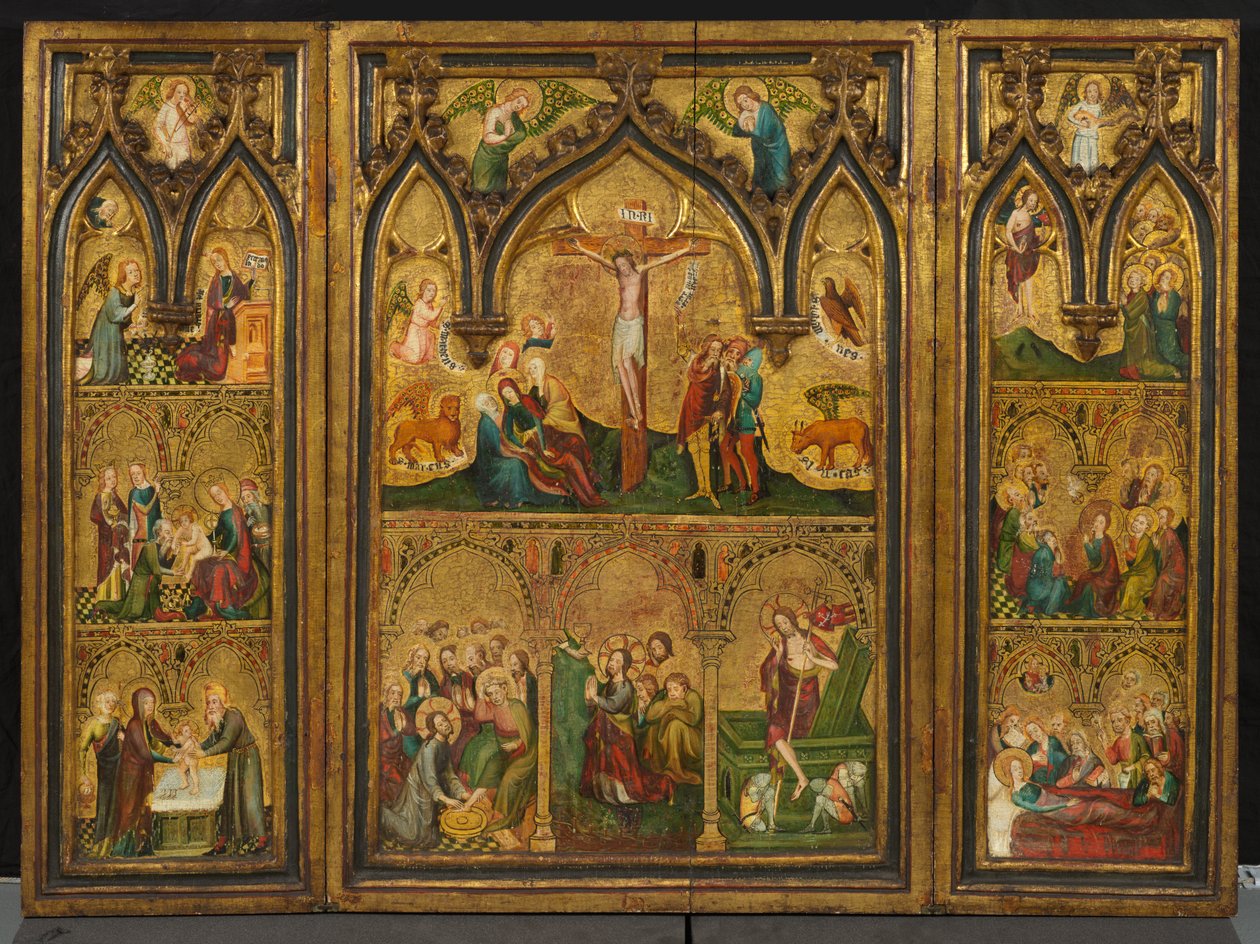 Triptych Ukřižování (dříve známý jako Estouteville Triptych), c.1374 (tempera na panelu) od German School