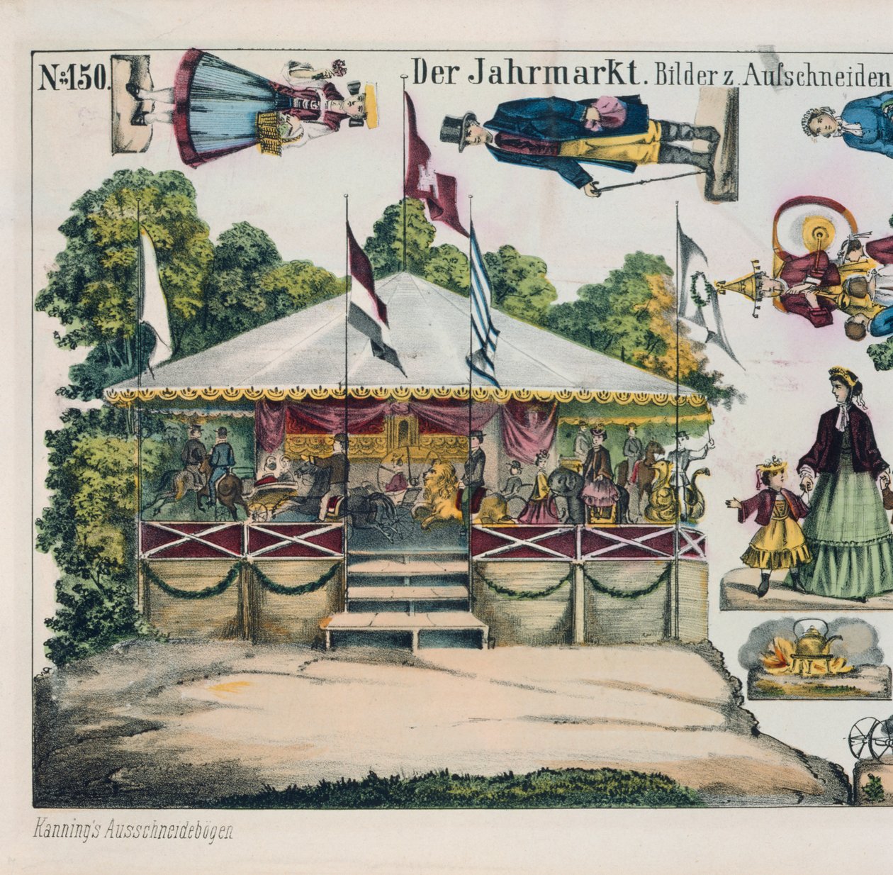 Vystřihovací arch s kolotočem v lunaparku, vydal Kanning, 1860 od German School