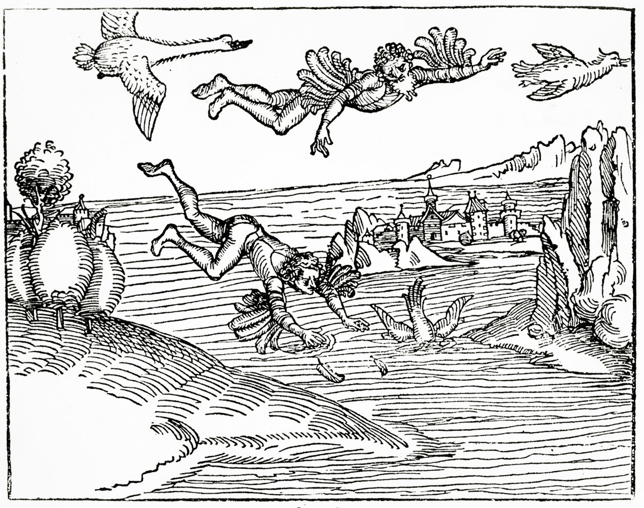 Daedalus, útěk z Kréty se svým synem Ikarem, ho vidí padat k smrti, 1493 (dřevoryt) od German School