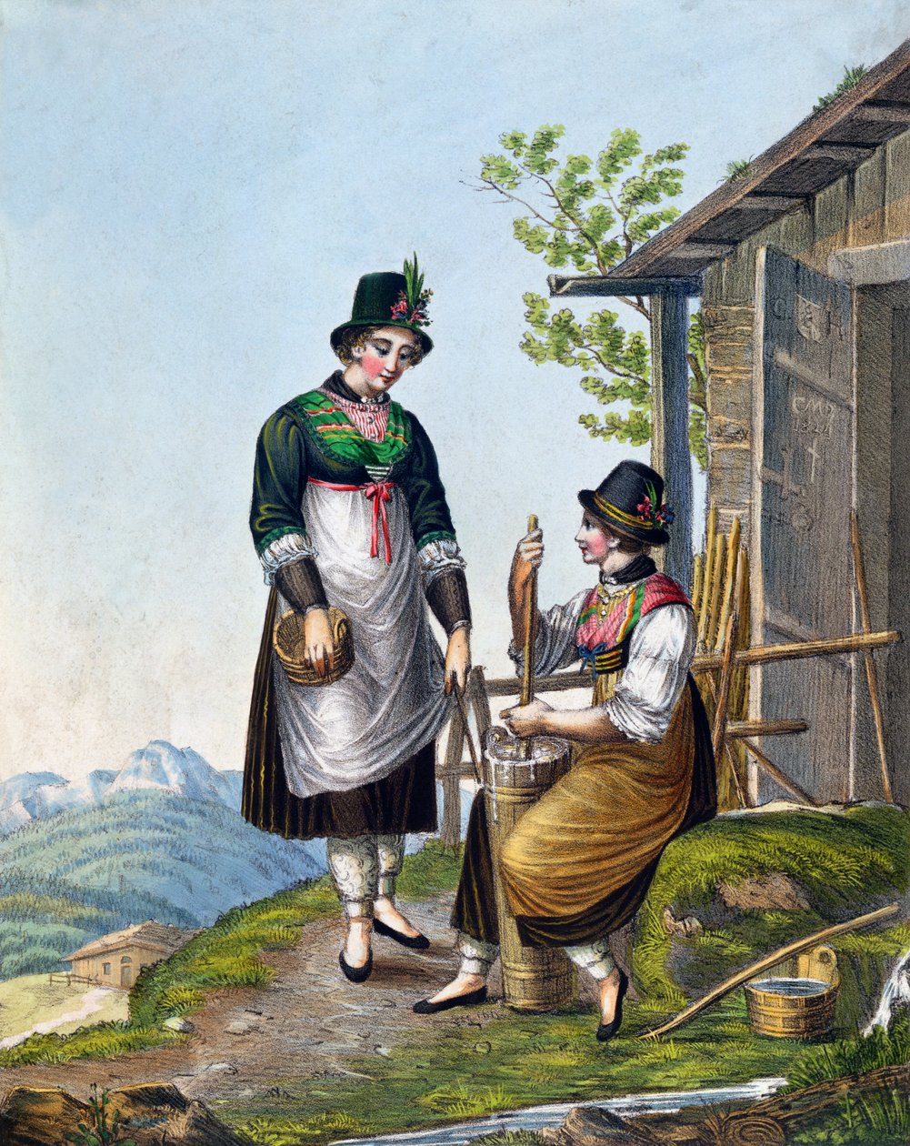 Dairymaids in the Alps near Tegernsee, počátek 19. století (barevná rytina) od German School