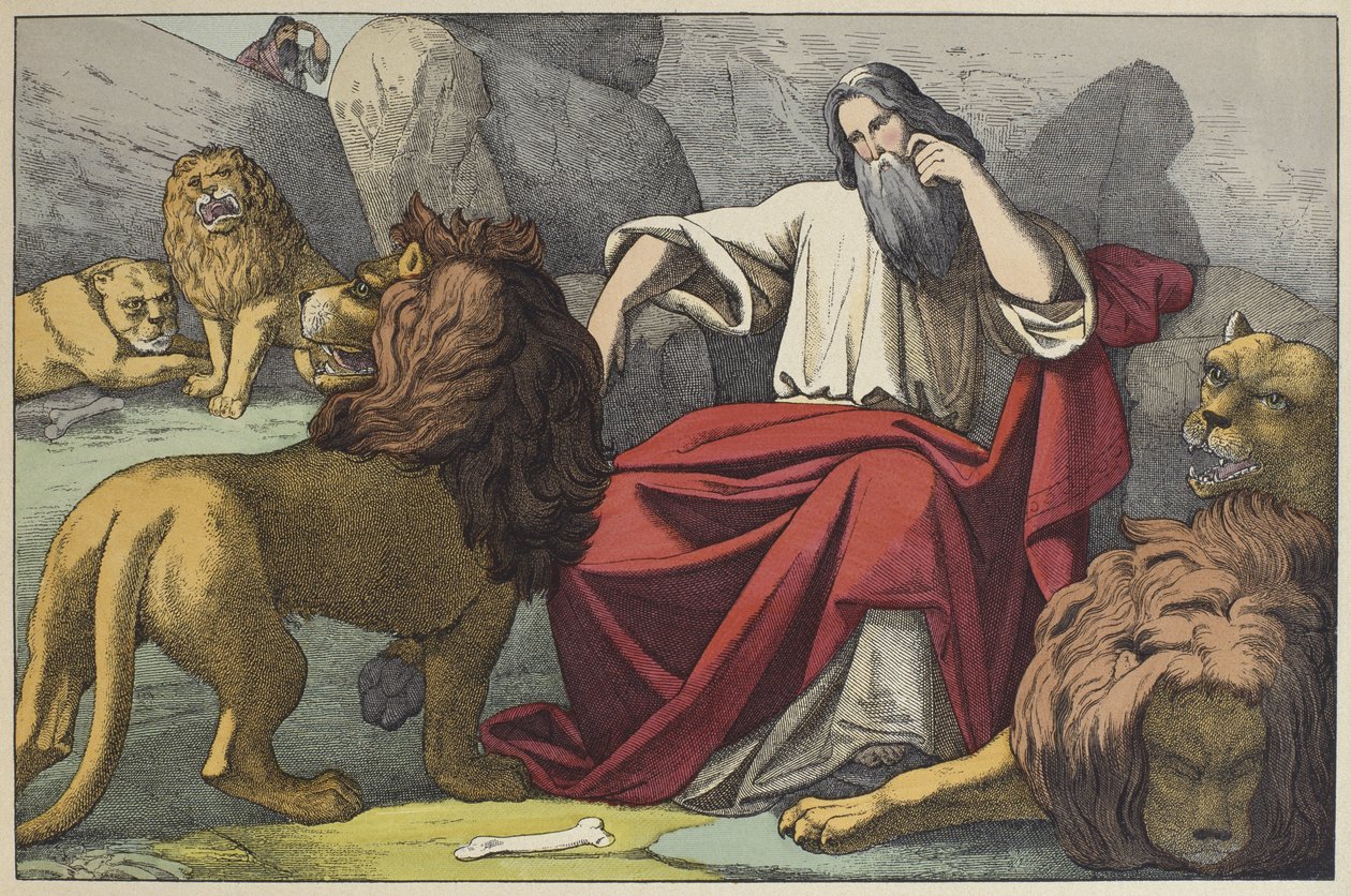 Daniel v jámě lvů, ilustrace z LAncien Testament, vydal Jakob Ferdinand Schreiber, Esslingen (barevná rytina) od German School