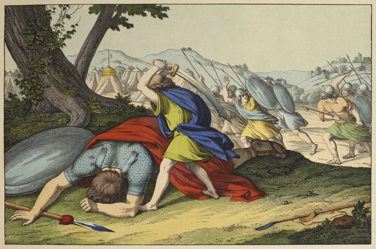 David a Goliáš, ilustrace z LAncien Testament, vydal Jakob Ferdinand Schreiber, Esslingen (barevná rytina) od German School