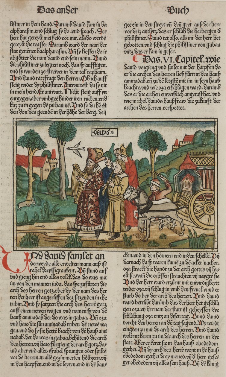 David a archa úmluvy, konec 15. století (ručně kolorovaný dřevoryt) od German School