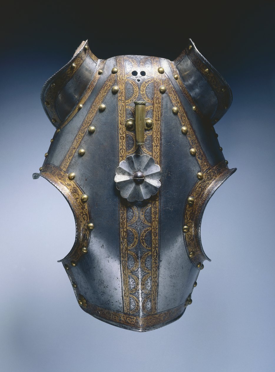Demi-chanfron, Augsburg, cca 1550 (leptaná a zlacená ocel s kůží) od German School