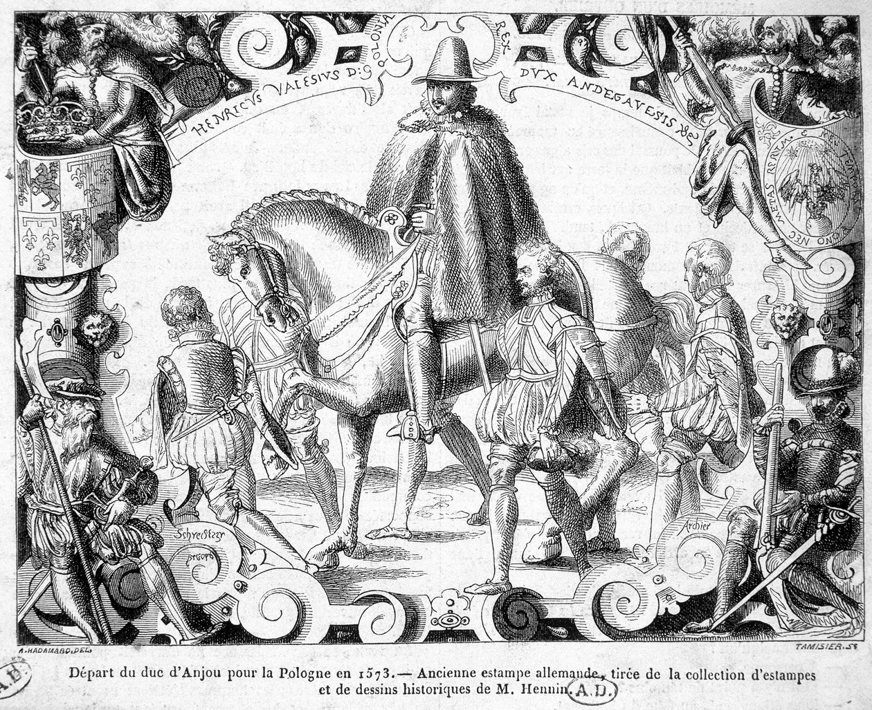 Odjezd vévody z Anjou do Polska v roce 1573 (zvolen polským králem, zmocní se jeho koruny) - Starověký německý tisk ze sbírky grafik a historických kreseb pana Hennina. od German School