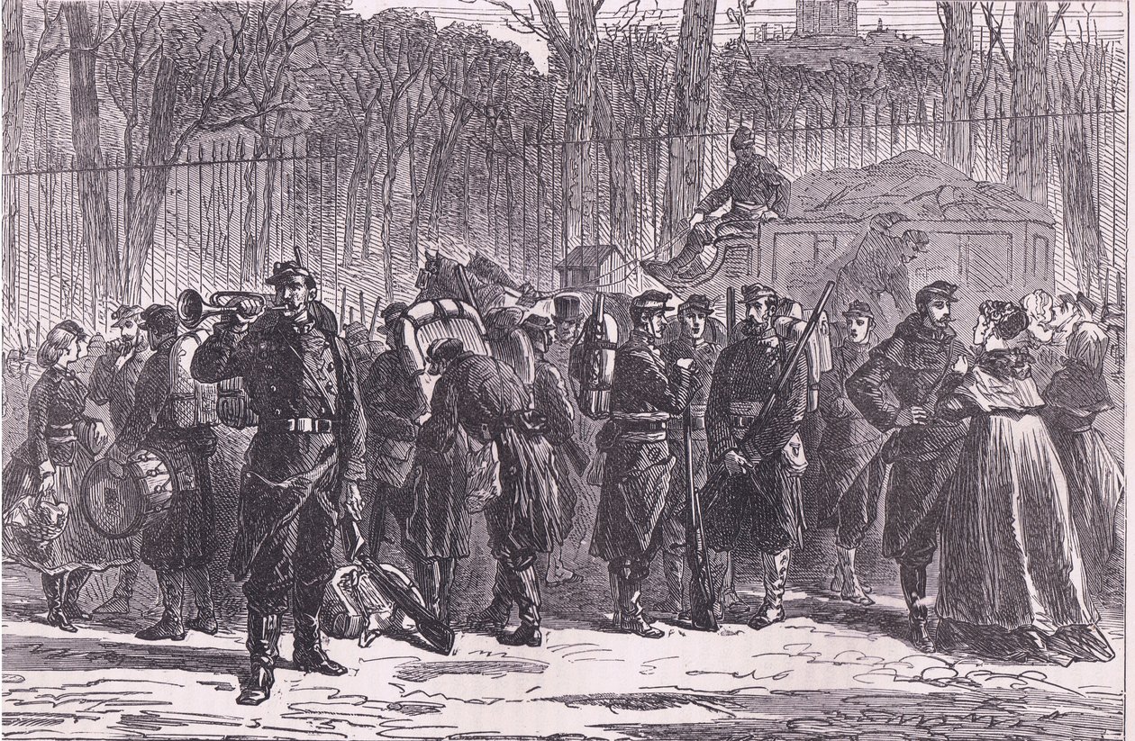 Odchod desátého pluku národních gard na předsunutá místa, Cassells History of the War between France and Germany vydané nakladatelstvím Cassell and Company Limited, kolem roku 1890 (litho) od German School