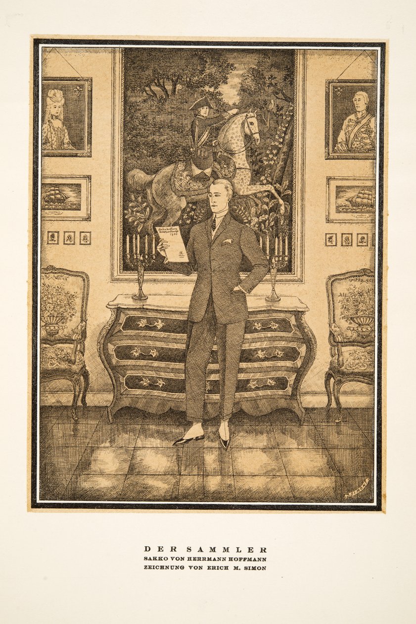 Der Sammler, reklama na pánskou módu od Hermanna Hoffmanna, z časopisu Styl, vyd. 1922 (pochoárový tisk) od German School