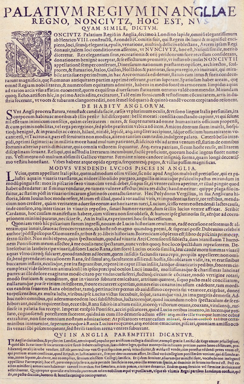 Popis paláce Nonesuch, Angličanů, jejich vzhledu a zvyků, způsobu prodeje ryb v Anglii a popisu učňovského systému, 1598 (tištěný dokument) (viz také 3 od German School