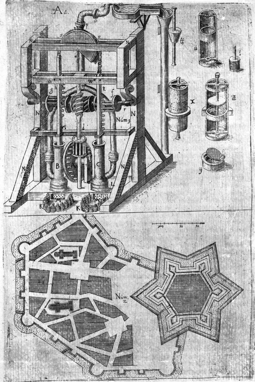 Návrh opevnění z Harmony in Fortalitatis Constructis, Defendensis & Oppugnandis od Wendelina Schildknechta, str. 120, vydáno 1652 od German School