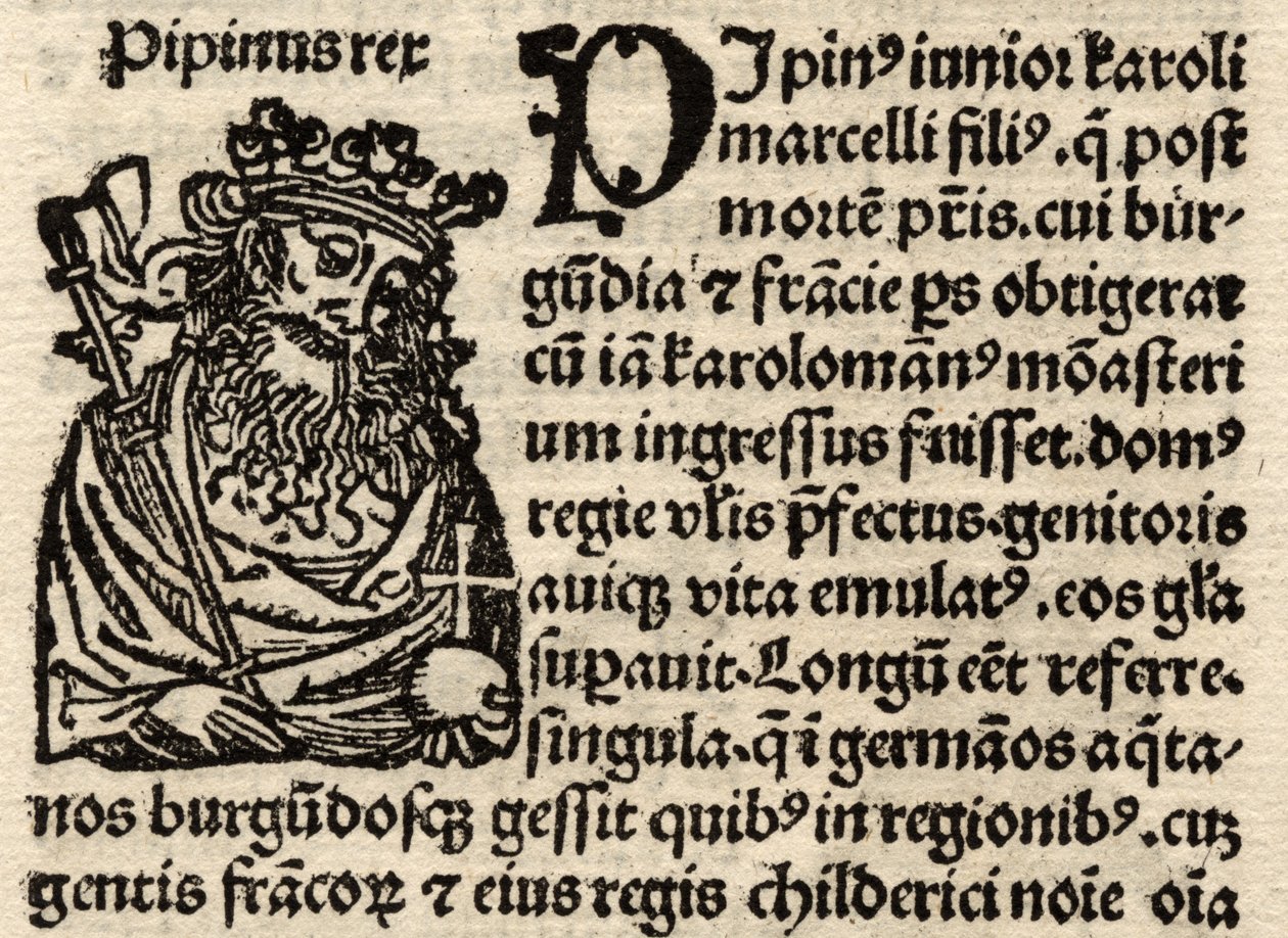 Detail z původního inkunábu, vyobrazení Pepina I. (803-38) před rokem 1500 (viz také 237070) od German School