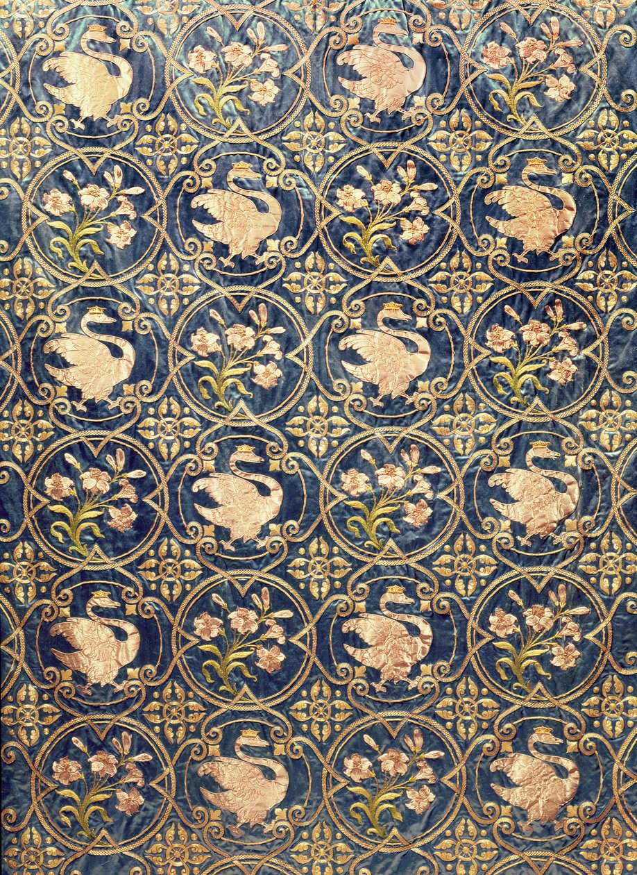 Detail závěsu zdobeného labutěmi a fleur-de-lys od German School