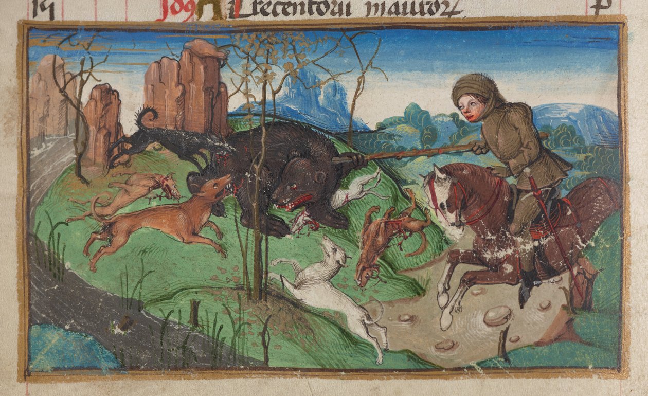 Detail miniatury šlechtice zabývajícího se lovem medvědů, ze stránky kalendáře na říjen ca. 1475-1485 od German School