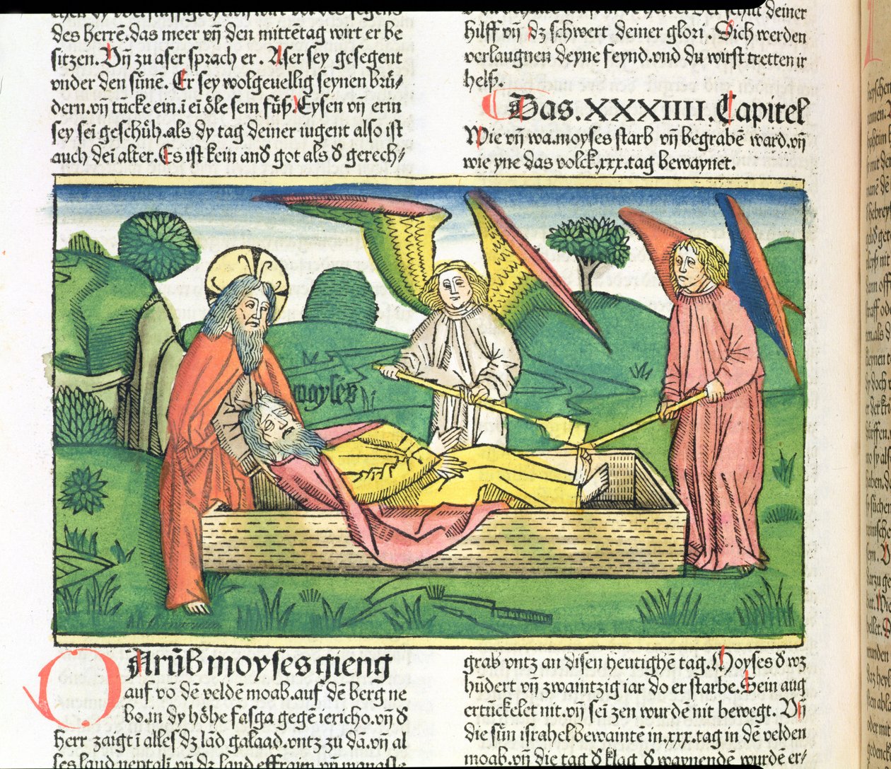 Deuteronomium 34 Mojžíšova smrt, z norimberské bible (Biblia Sacra Germanaica) (barevný dřevoryt) od German School