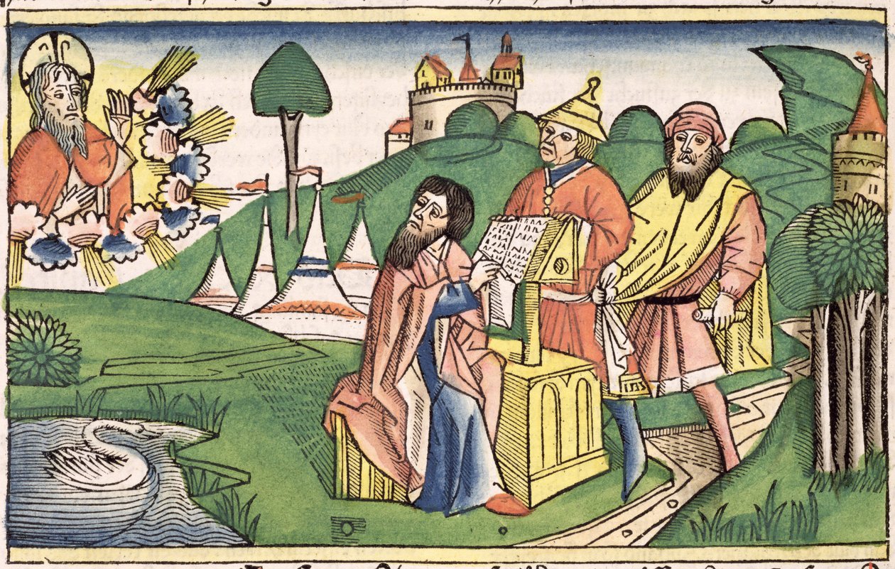 Deuteronomium: Frontispis, ve kterém Bůh činí zákony, z norimberské bible (Biblia Sacra Germanaica) (barevný dřevoryt) od German School