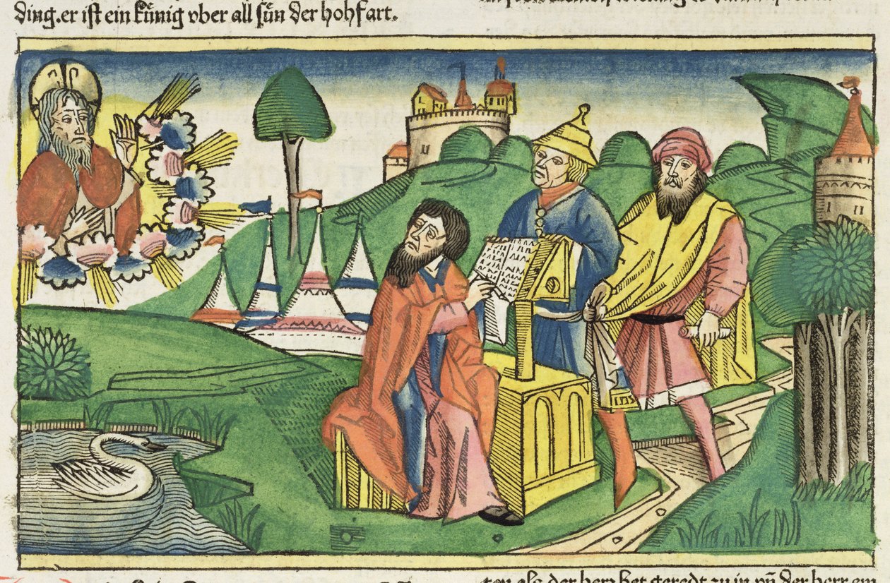 Deuteronomium: Frontispis, ve kterém Bůh činí zákony, z norimberské bible (Biblia Sacra Germanaica) (barevný dřevoryt) od German School