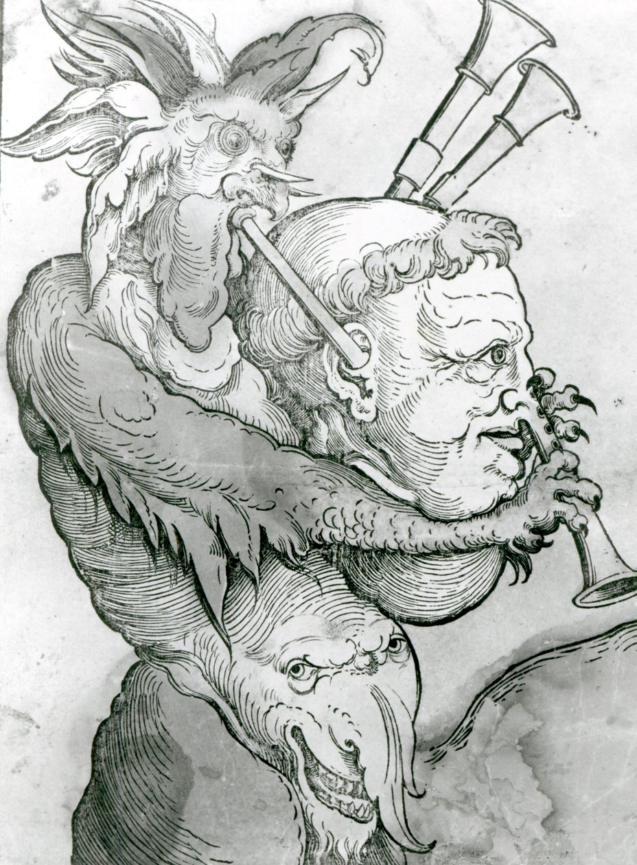 Devil Playing Mans Head as Bagpipes, 1144 (dřevořez) od German School