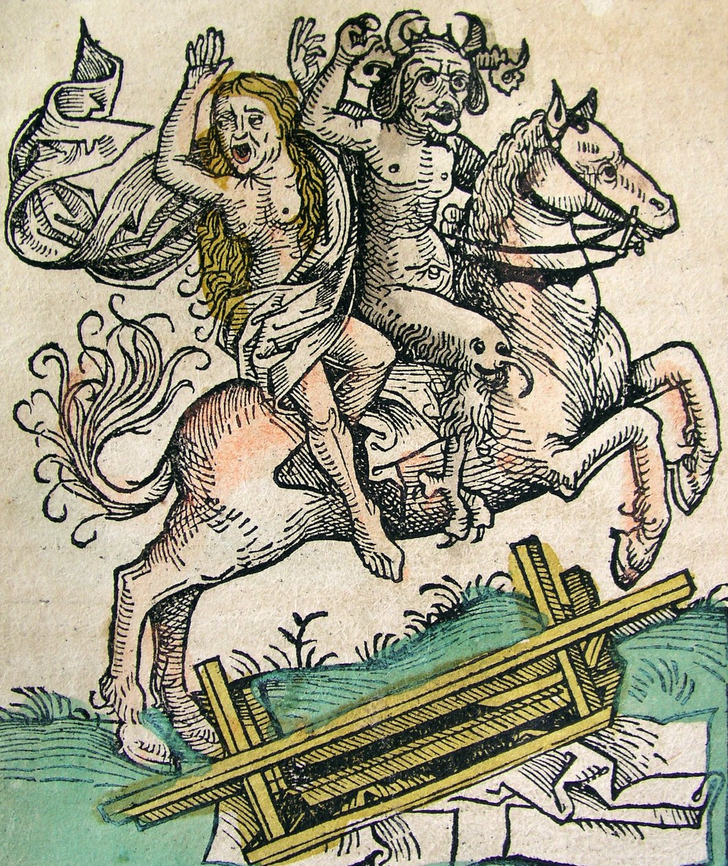 Ďábel a žena na koni, publikovaná v Norimberské kronice, 1493 od German School