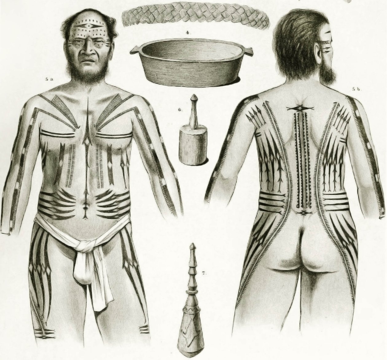 Diagram zobrazující různé polynéské artefakty a návrhy tetování, 1888 od German School