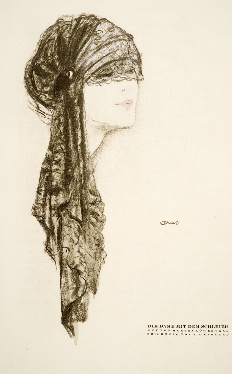 Die Dame mit dem Schleier, klobouk od Marthy Lowenthalové, ze sbírky Styl, vyd. 1922 (pochoárový tisk) od German School