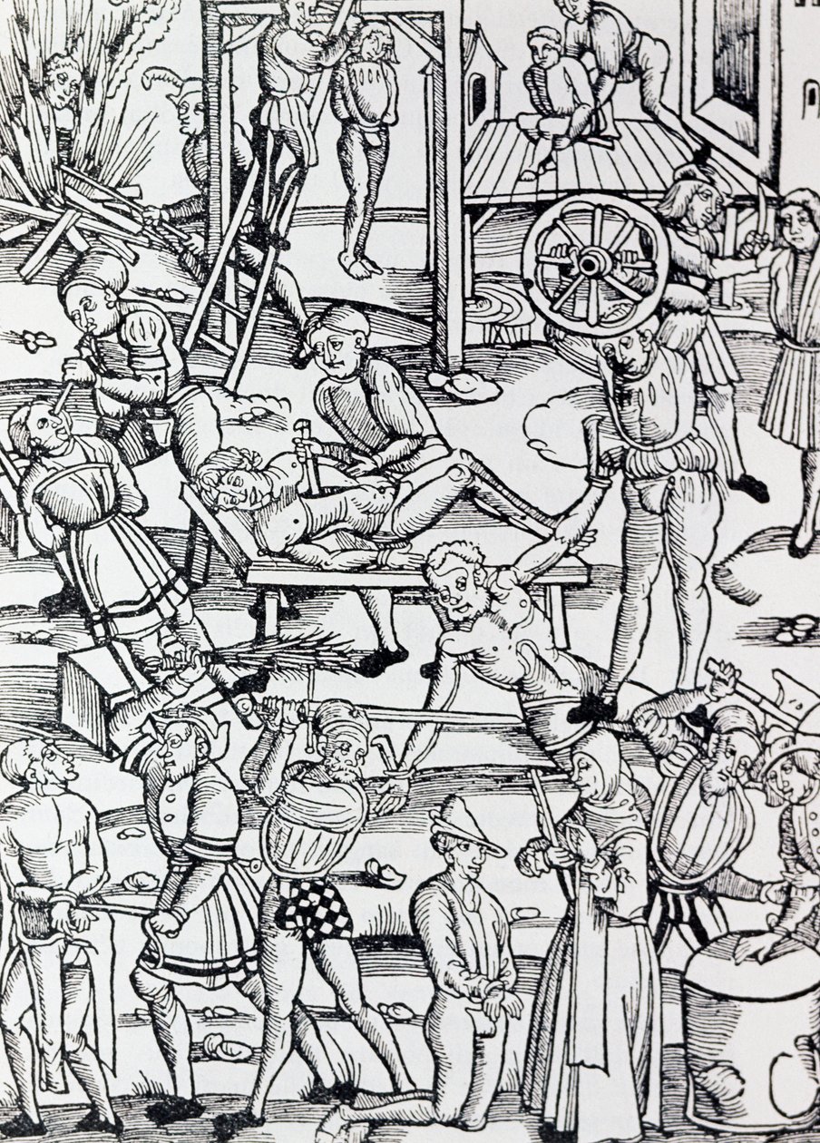 Různé formy trestu používané v Německu v roce 1500 za různé zločiny, Rytina, Německo od German School