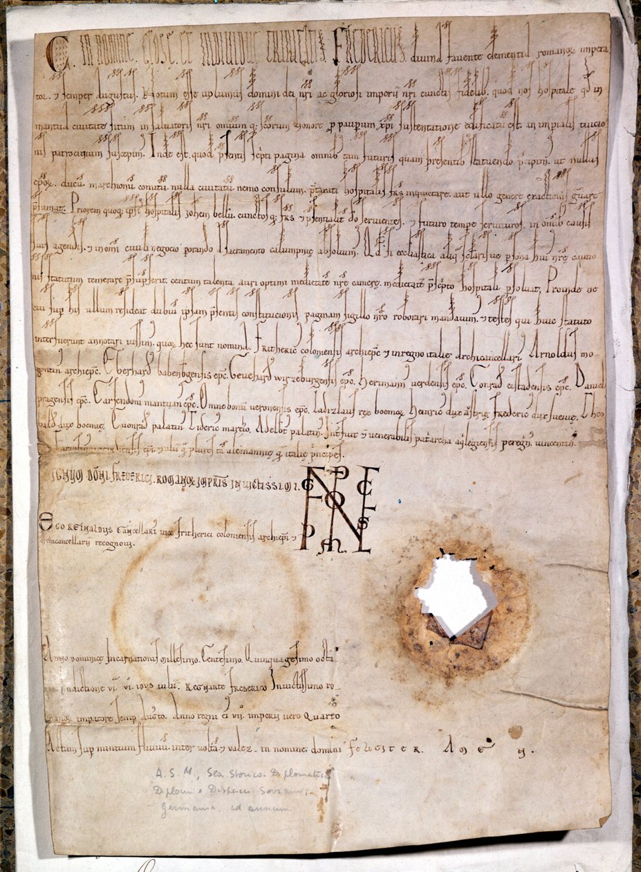 Diplom pro nemocnici v Mantově z 10. července 1158. Dokument je podepsán německým císařem Fridrichem I. Barberossa (1122 - 1190). Národní archiv v Miláně. od German School