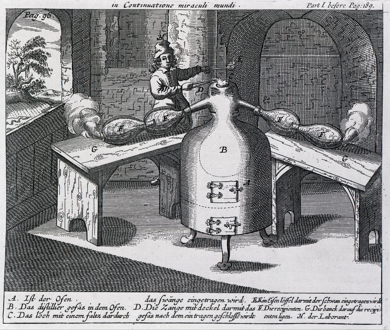 Destilace kyseliny dusičné (Aqua fortis neboli dělící kyselina) v železném muži se dvěma nosy od German School