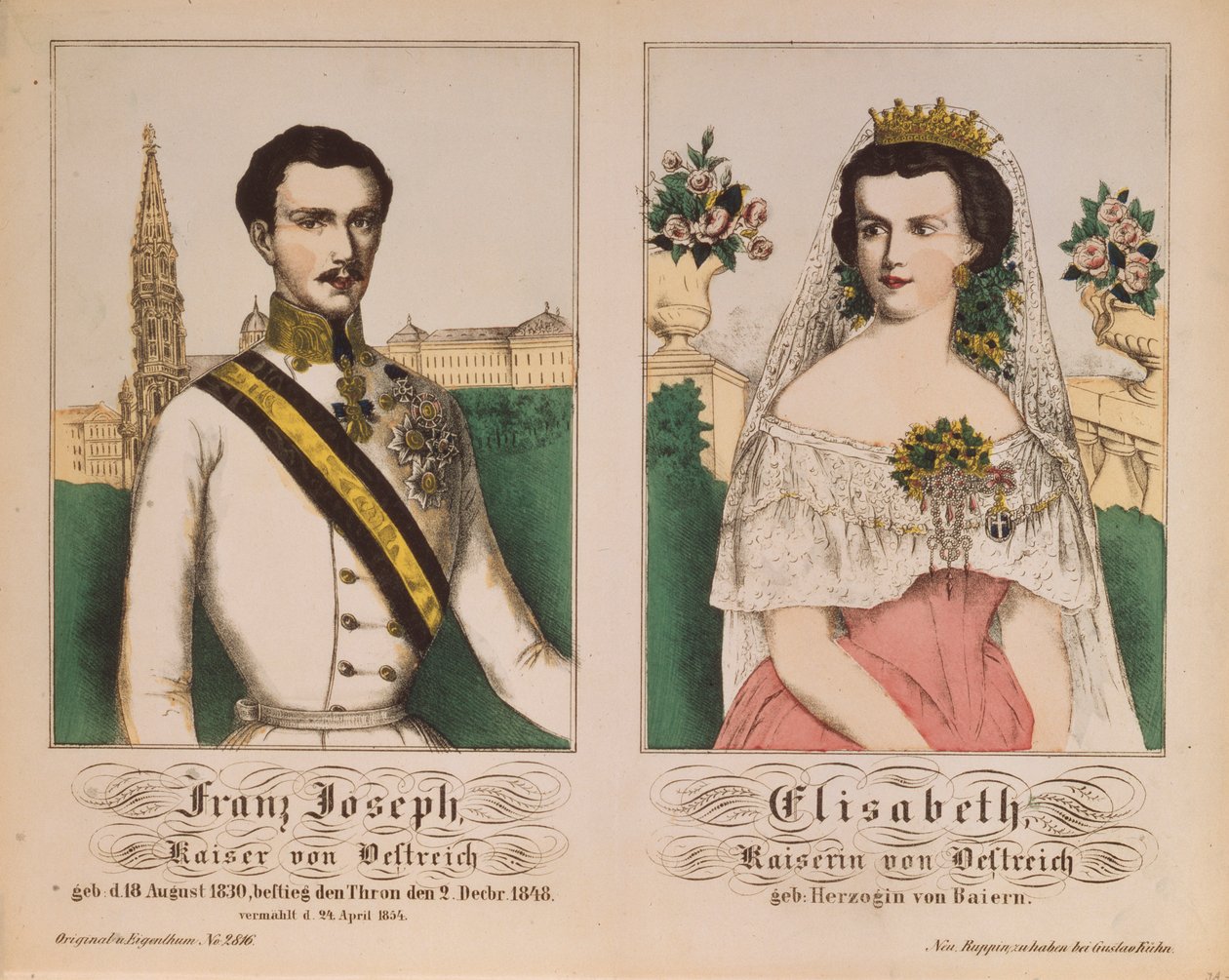 Dvojportrét rakouského císaře Františka Josefa I. a císařovny Alžběty z Neuruppiner Bilderbogen, 1854 od German School