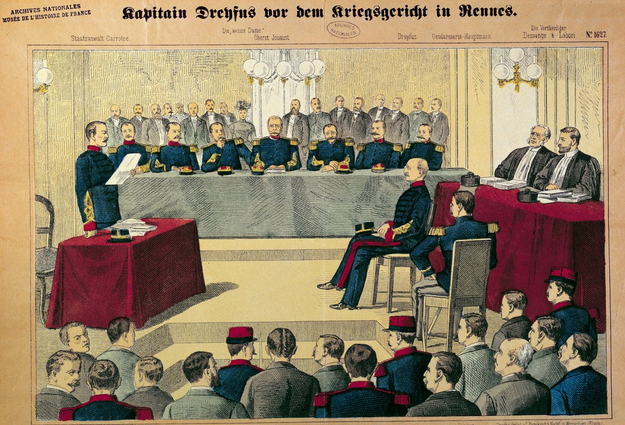Dreyfusův případ: soudní proces s kapitánem Dreyfusem (1859-1923) Ilustrace z německého tisku od German School